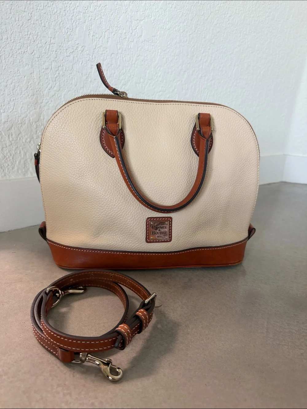 Dooney & Bourke Cream and Brown Pebbled Leather Satchel with Removable Strap